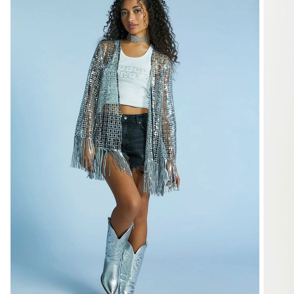 Silver sequin fringe kimono